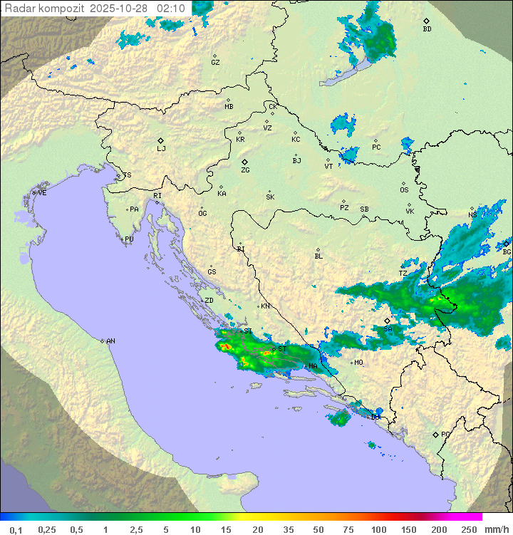 Radarska slika padavin na Hrvaškem